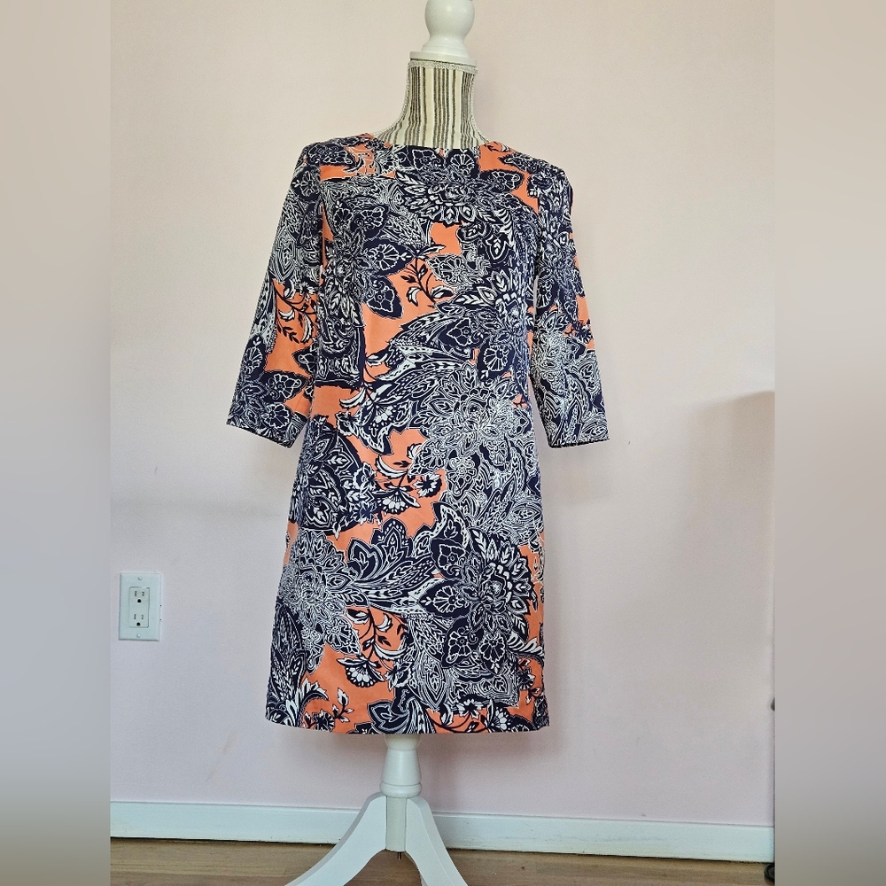 The Limited Petite Orange/Blue Paisley Print Knee Length Dress (XS)